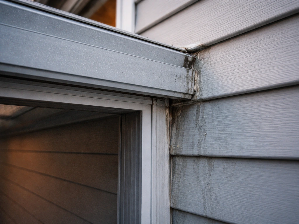 Close view of a patio roof-to-wall seam with flashing and sealant where leaks commonly start.