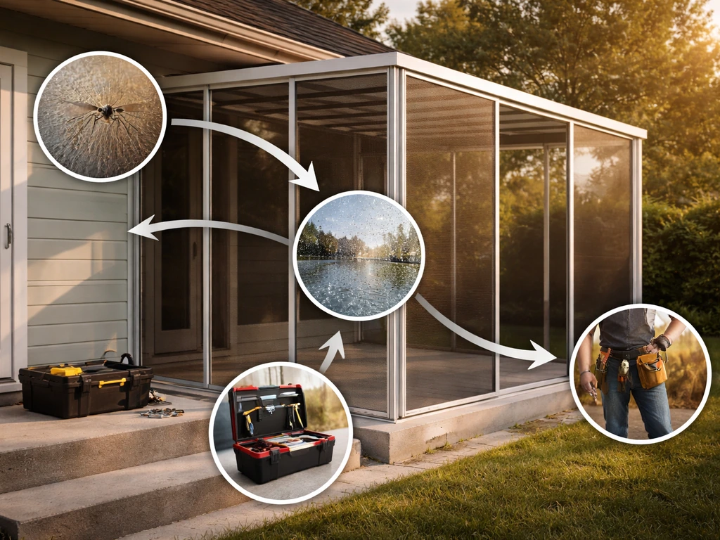 Minimal patio with a partially installed aluminum screen room, subtle arrow-node overlay implying decisions.