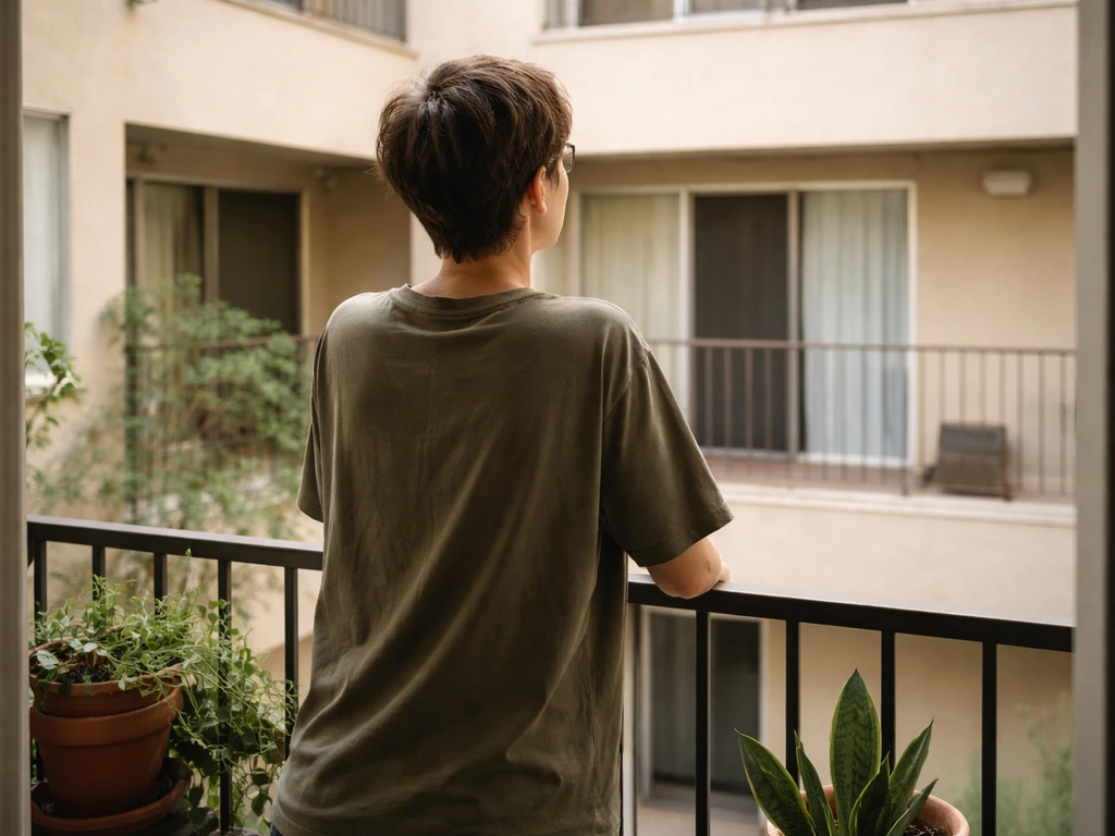 Person standing on an apartment patio, looking toward nearby windows to assess privacy gaps.