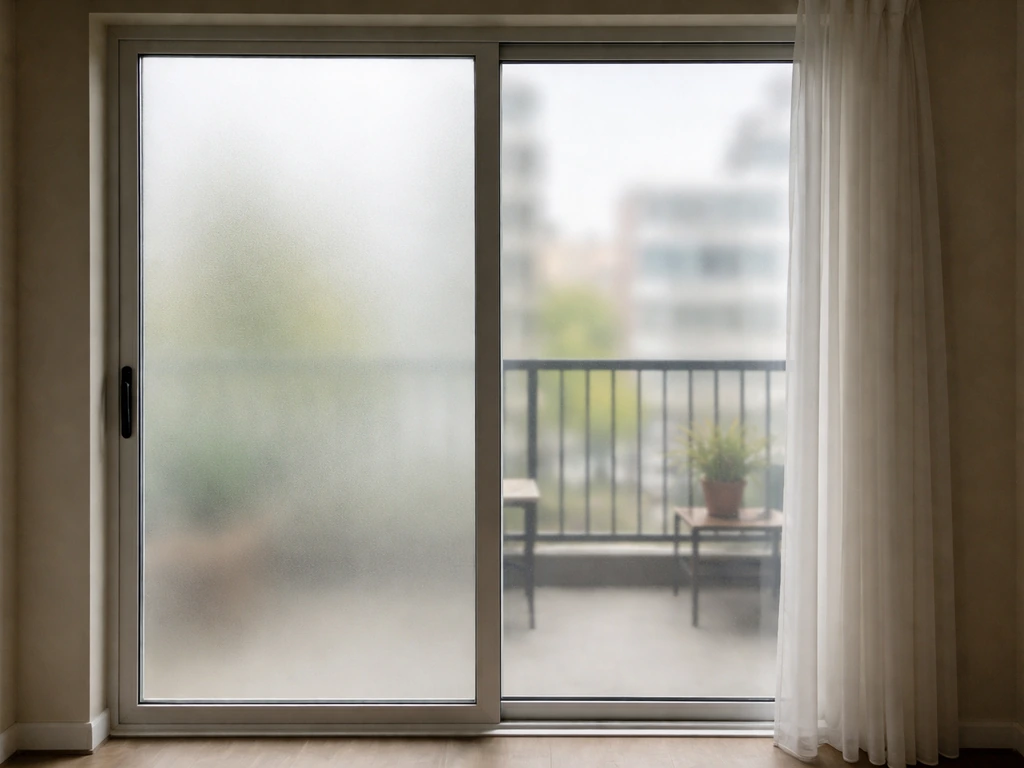 Sunlit sliding glass door and window on a small patio with semi-sheer privacy film and sheer curtain.