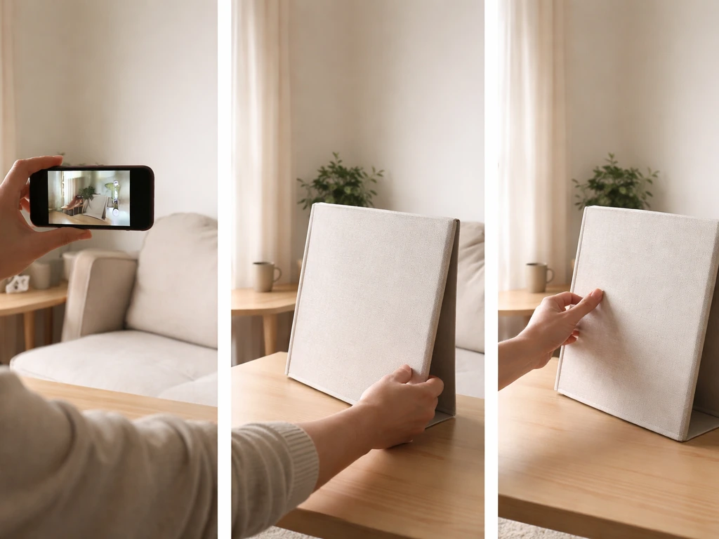 Hands check sightlines with a phone, then place and adjust a freestanding privacy screen by a window.