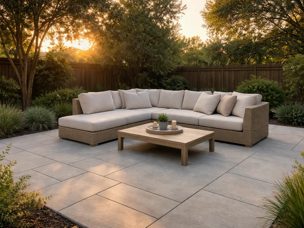 Outdoor sectional sofa with a coffee table, with open surrounding space on a patio paver ground.
