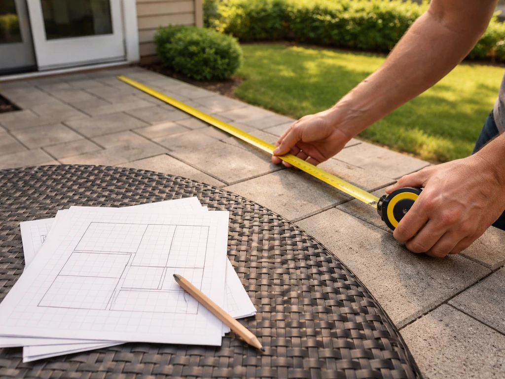 Hands measuring a patio with a tape measure over blank grid paper with rough zone rectangles