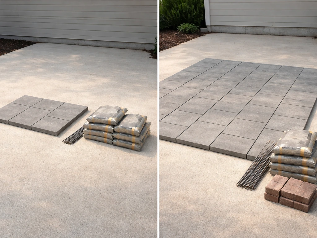 Side-by-side small and large concrete patio mockups with more materials for the larger one, suggesting cost scaling.