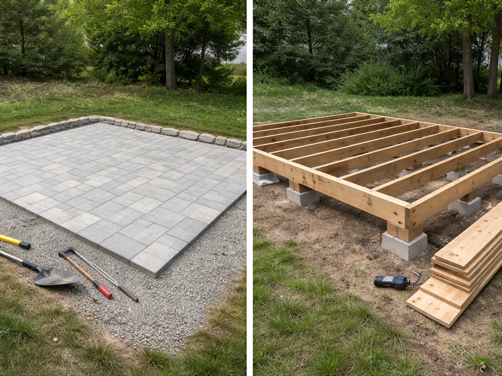 Split scene showing a DIY patio pavers area and a DIY deck frame on two sides