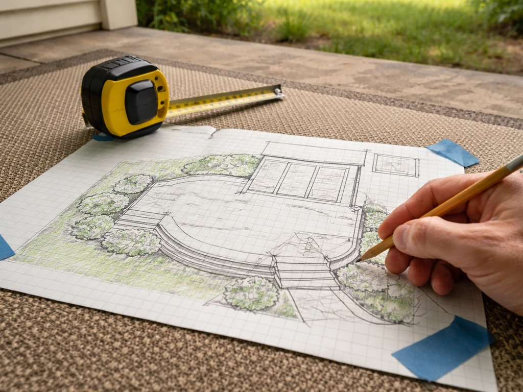 Hand-drawn deck layout sketch on paper with tape measure and pencil over a yard plan outdoors.