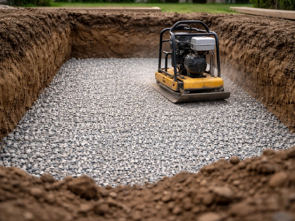 Close-up of compacted subgrade and gravel with a plate compactor preparing a patio foundation.