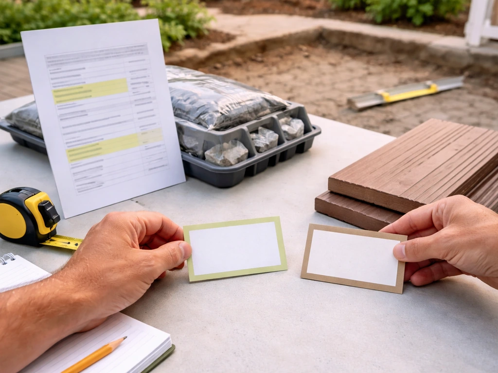 Hands placing blank price cards beside a generic estimate sheet and patio/deck materials on a work table
