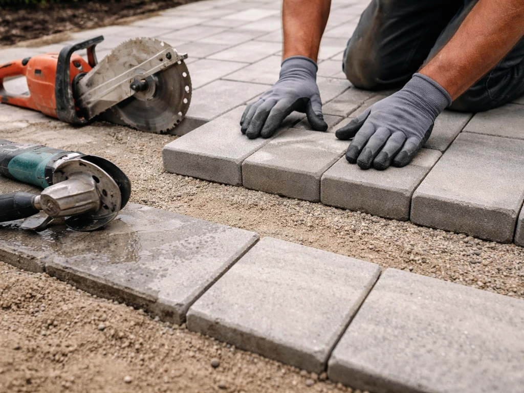 Concrete pavers being set on a patio base with a wet saw nearby for clean cuts.