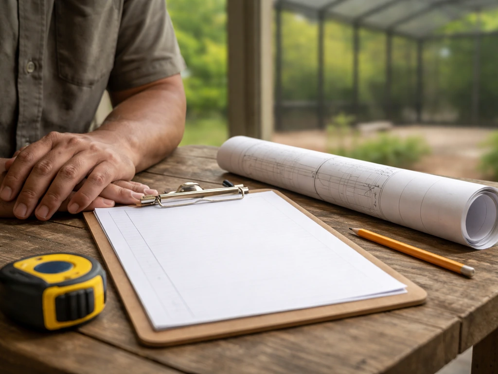 Contractor reviewing patio enclosure plans beside permit checklist on a workbench