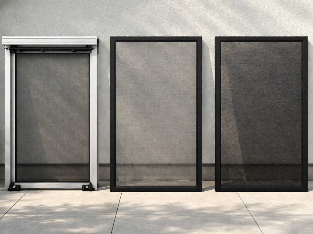 Three patio screen sections side-by-side: retractable, fixed panel, and solar bug screen materials in daylight.