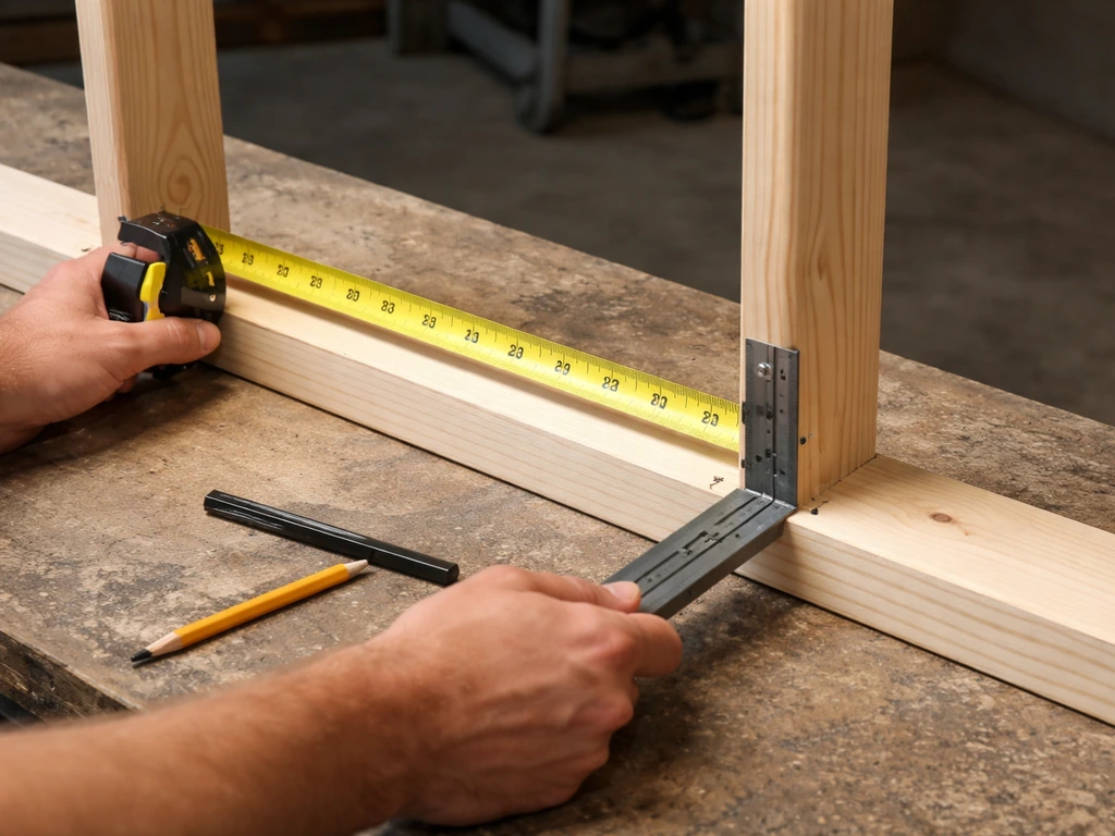 Person using measuring tape and framing square to measure screened bay spacing near spline track