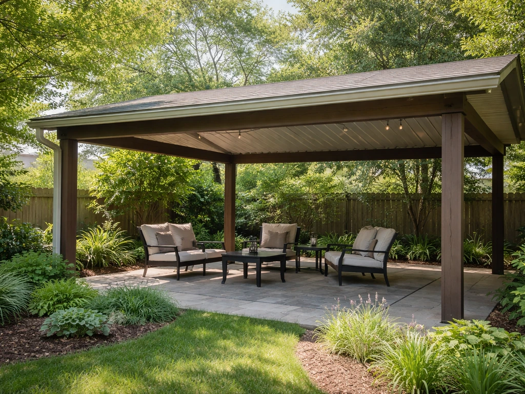 Outdoor covered patio with visible roof beams and supporting posts in a quiet backyard setting.