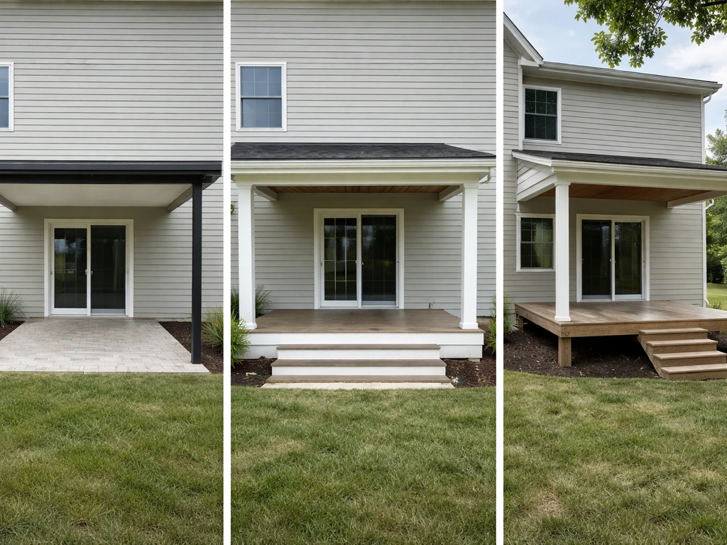 Three adjacent outdoor living areas showing porch, patio, and deck with different flooring, roof support, and height.