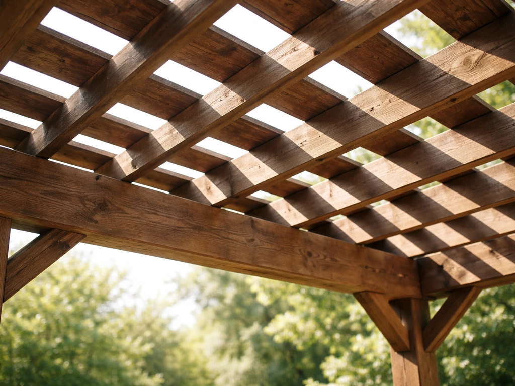 Close-up of an open-roof pergola beam framework with angled rafters letting sunlight through