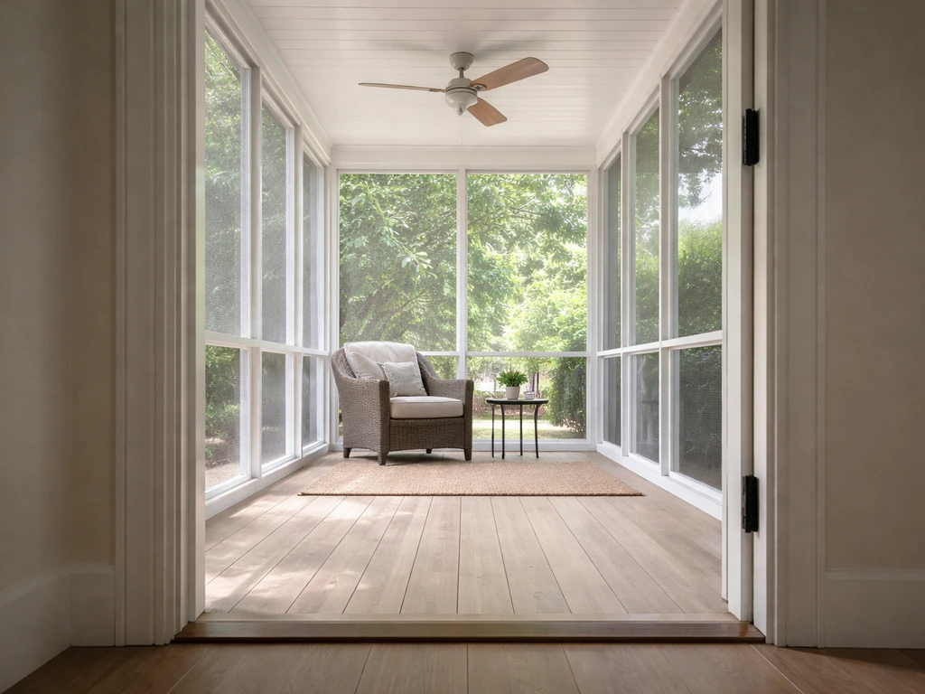 Light-filled screened porch with mesh screen walls, a ceiling fan, and open doorway airflow.