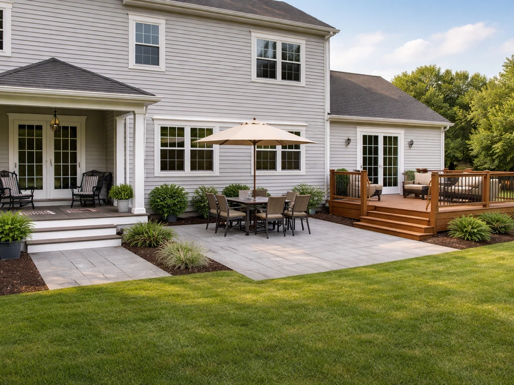 Side-by-side porch, ground-level patio, and raised deck on a residential home in natural light.