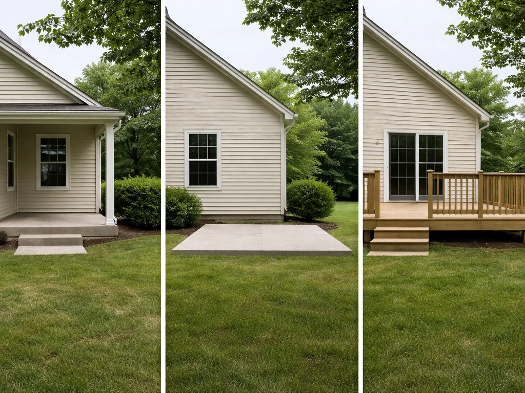 Three side-by-side home outdoor areas: attached roofed porch, ground-level patio, and elevated deck.