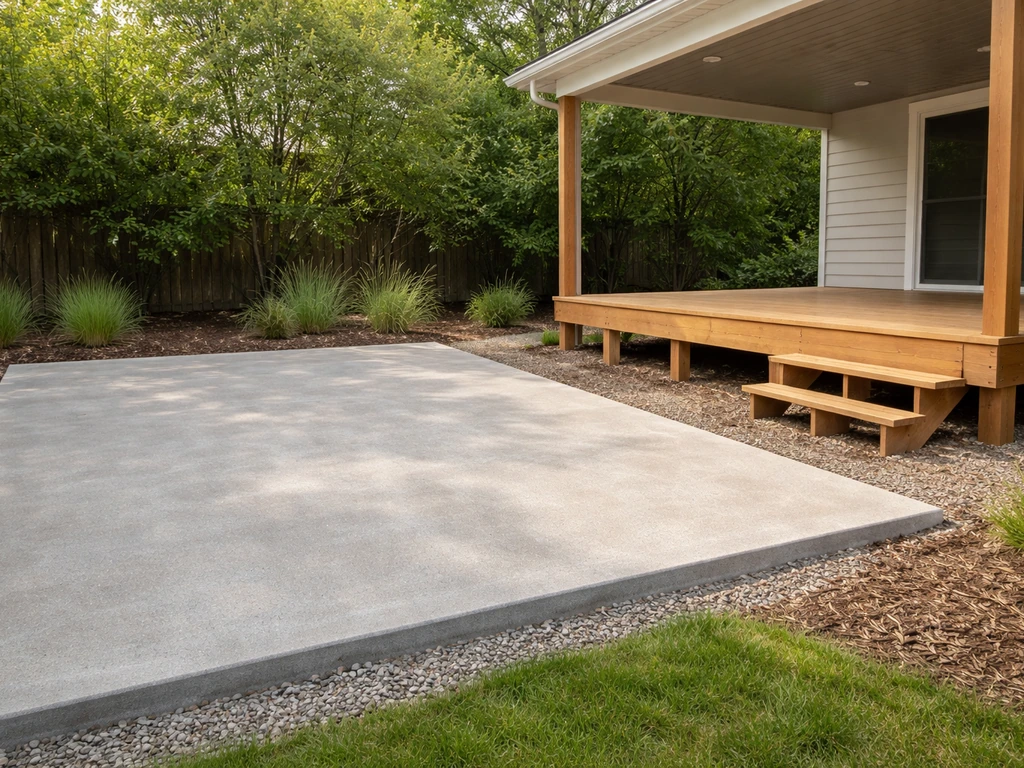 Minimal close view of an on-grade concrete patio next to a raised deck with visible joists and flooring.