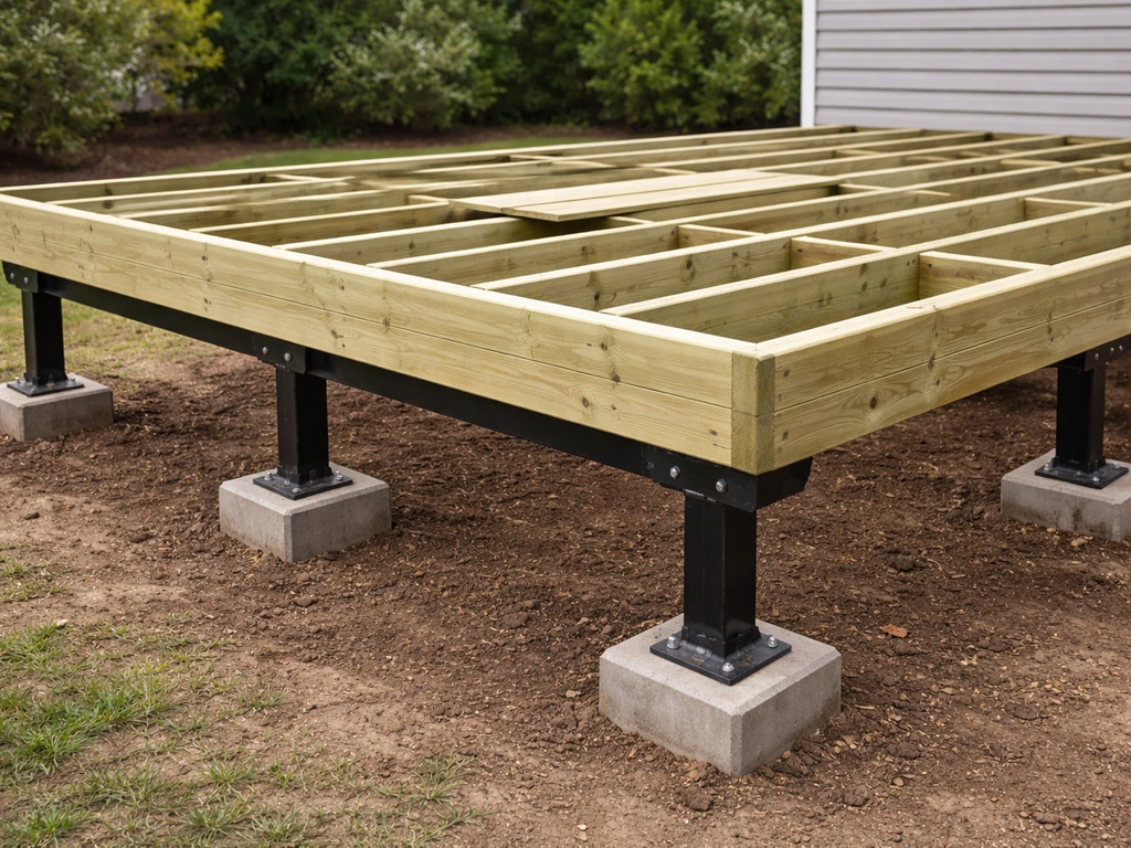 Elevated deck framing with pressure-treated joists on concrete piers and posts above ground.