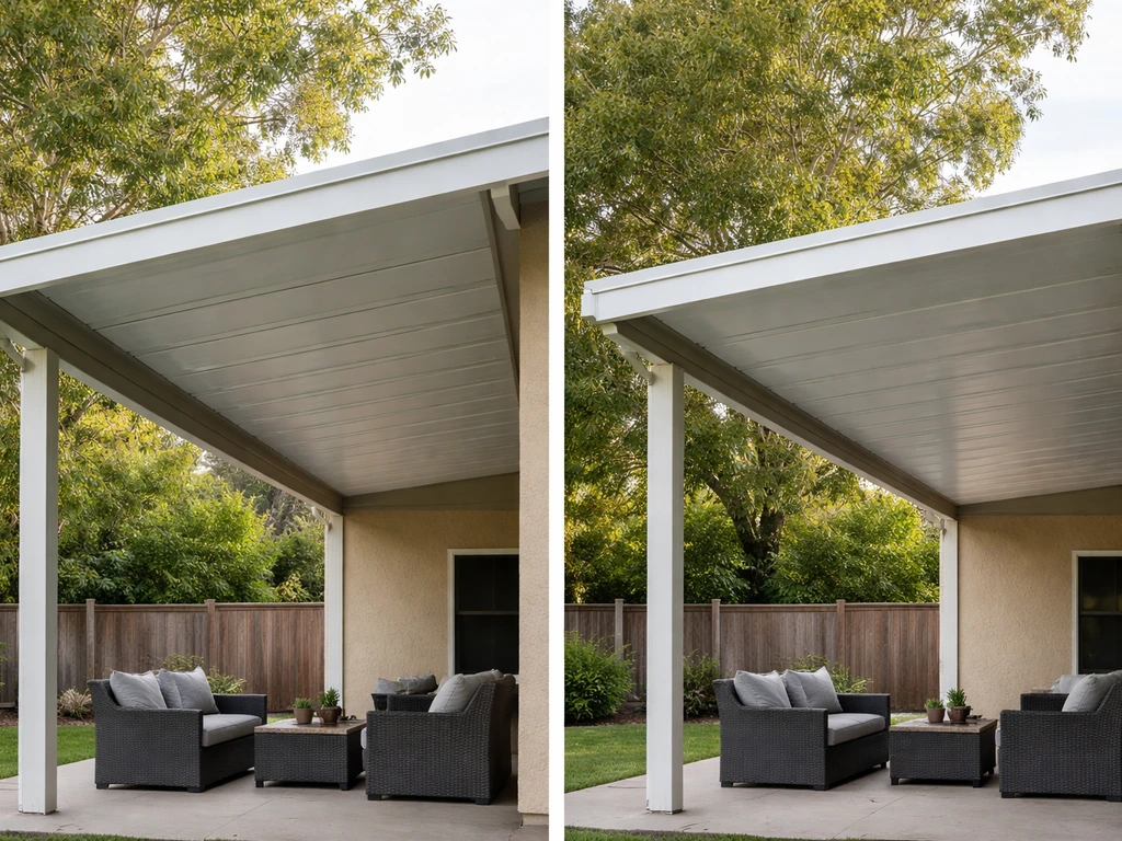 Side-by-side insulated and non-insulated patio covers showing thicker sandwich panels versus thin aluminum.
