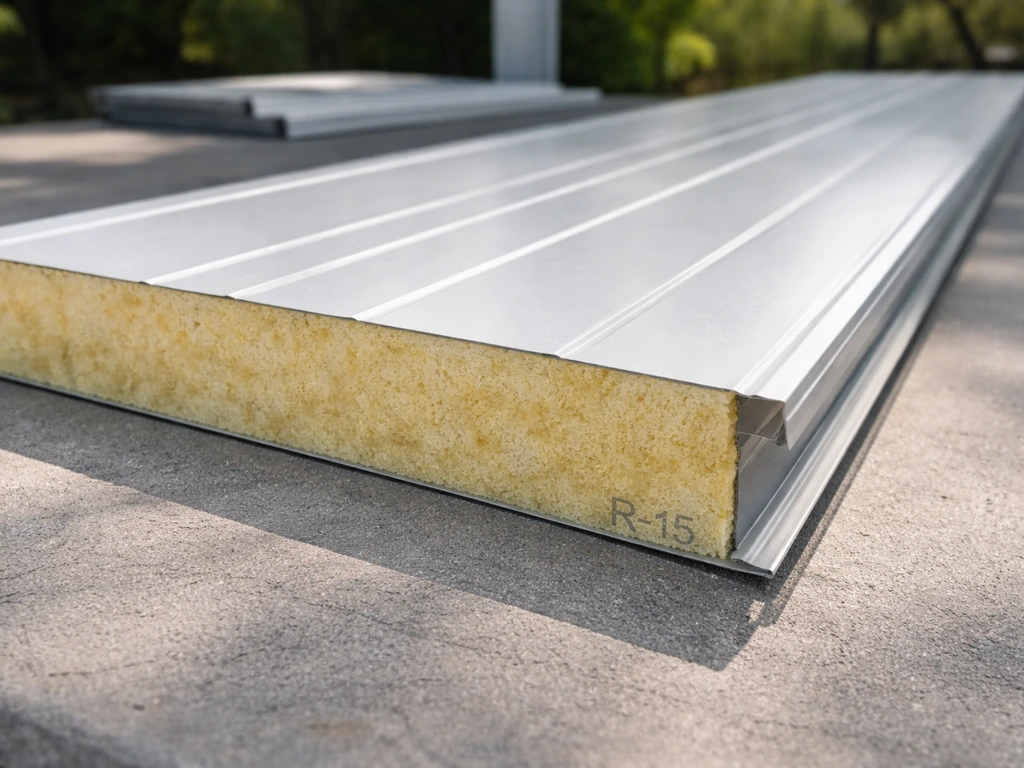 Close-up of a patio cover insulated roof sandwich panel showing layered metal skins and insulation core.