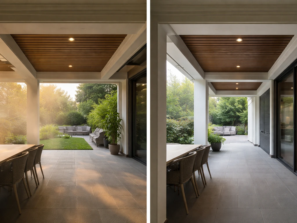 Open-sided patio with visible airflow versus partially enclosed patio creating a sheltered, cooler space.