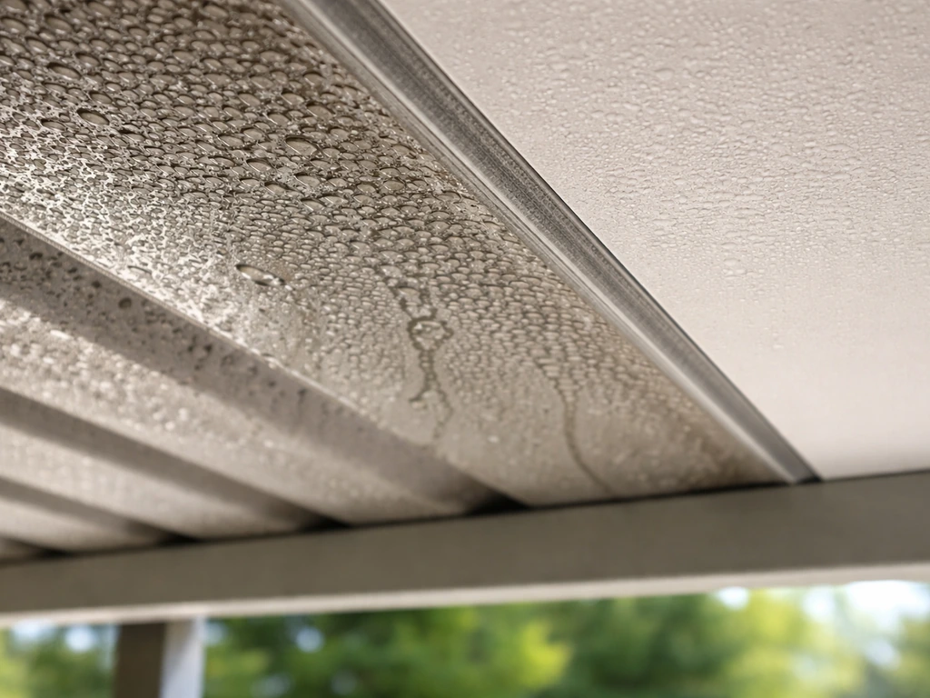 Close-up of dew droplets on a patio cover underside with a cleaner insulated area beside it