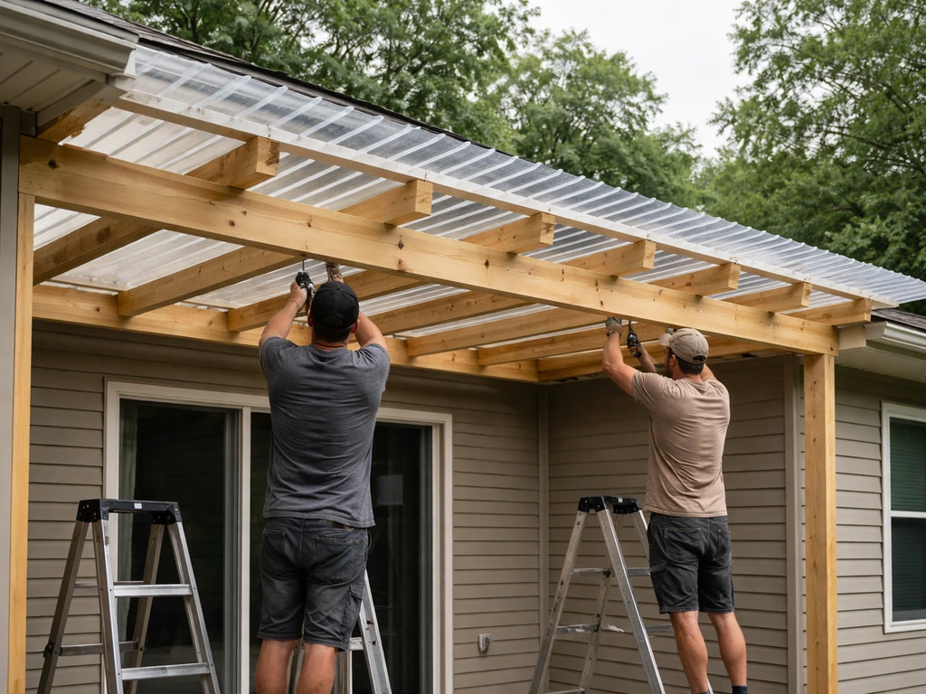 DIY covered patio framing with posts and ledger beam installing corrugated polycarbonate roof under construction.