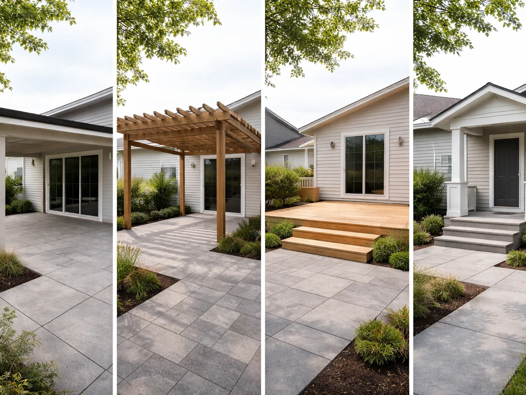 Split view of a covered patio, pergola, deck, and porch showing distinct roof, slats, platform, and entry.