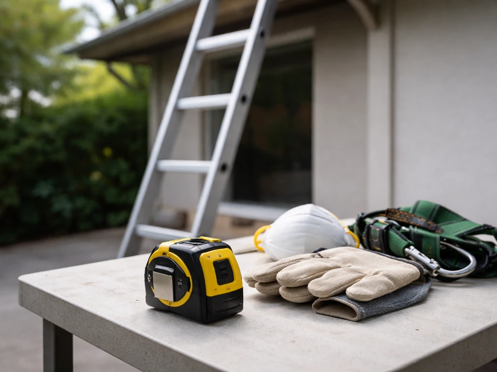 DIY setup with a ladder and safety gear beside a tape measure on a patio work table