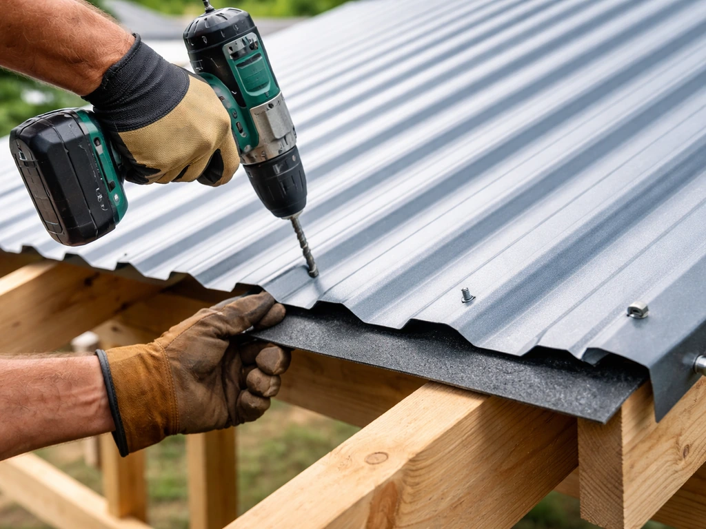 Closeup of corrugated roofing panel being fastened to rafters with screws and a drill