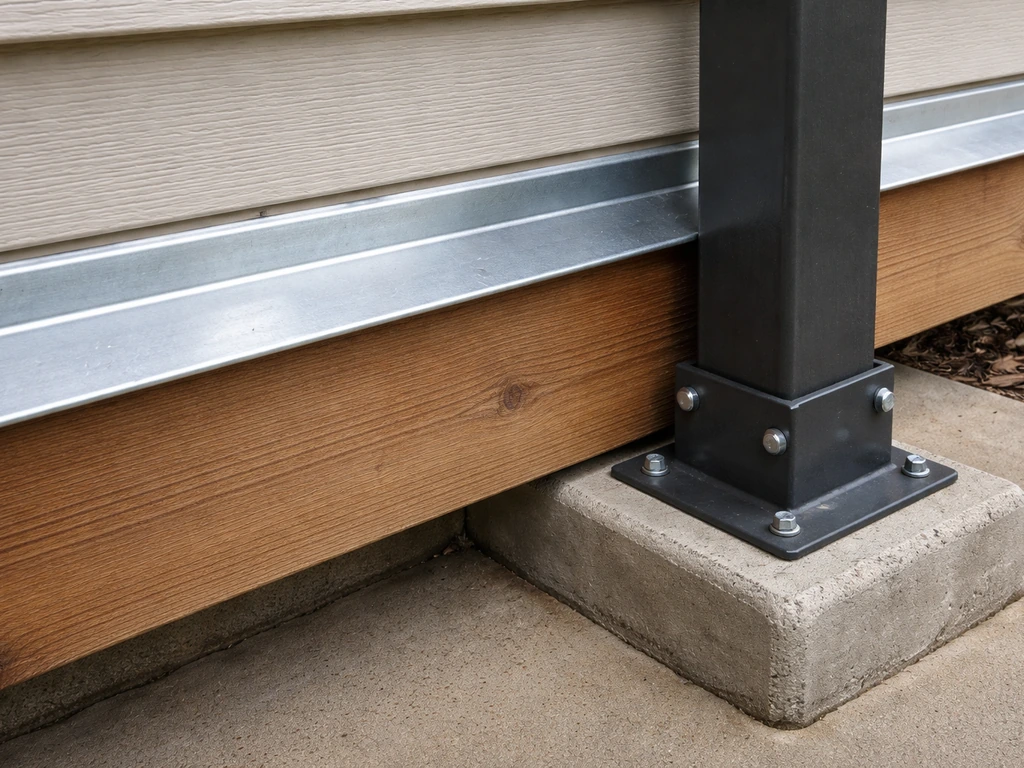Close-up of patio ledger flashing at the house wall and a post base set above a clean footing.