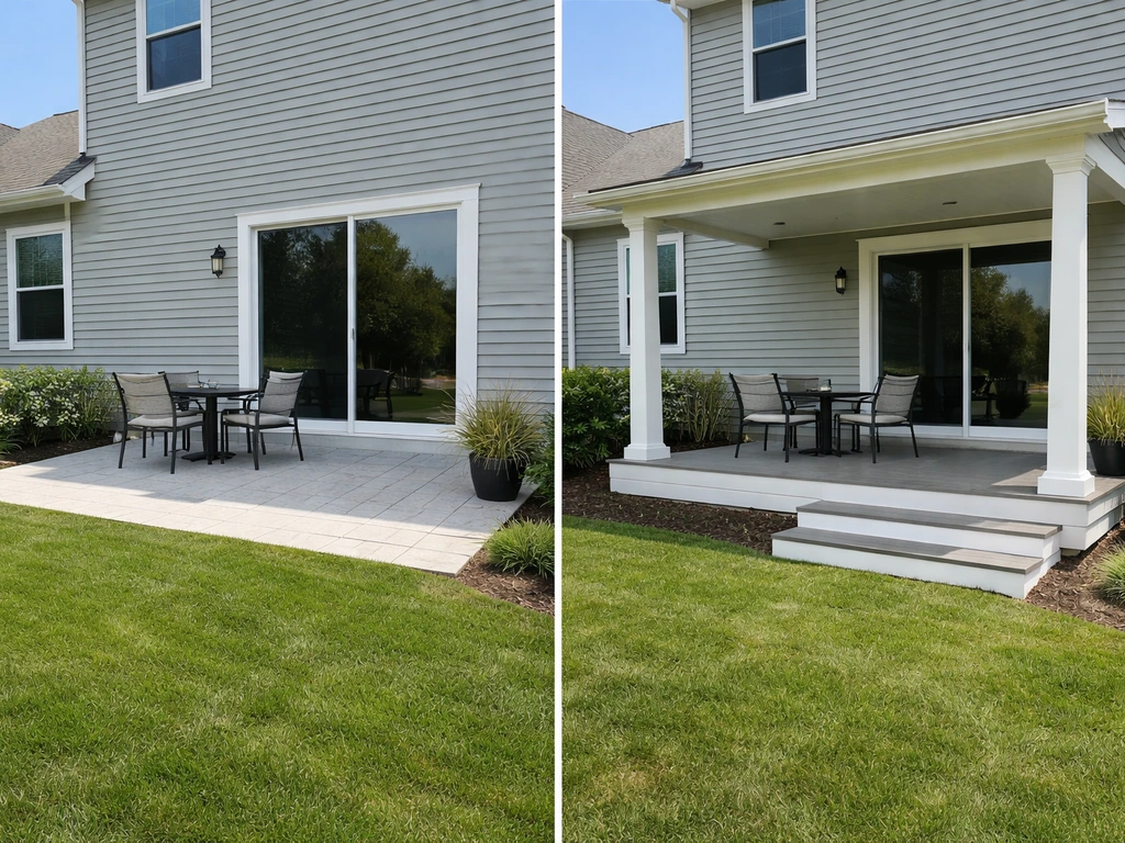 Split view showing a near-ground open patio floor next to an attached covered porch with roof and posts