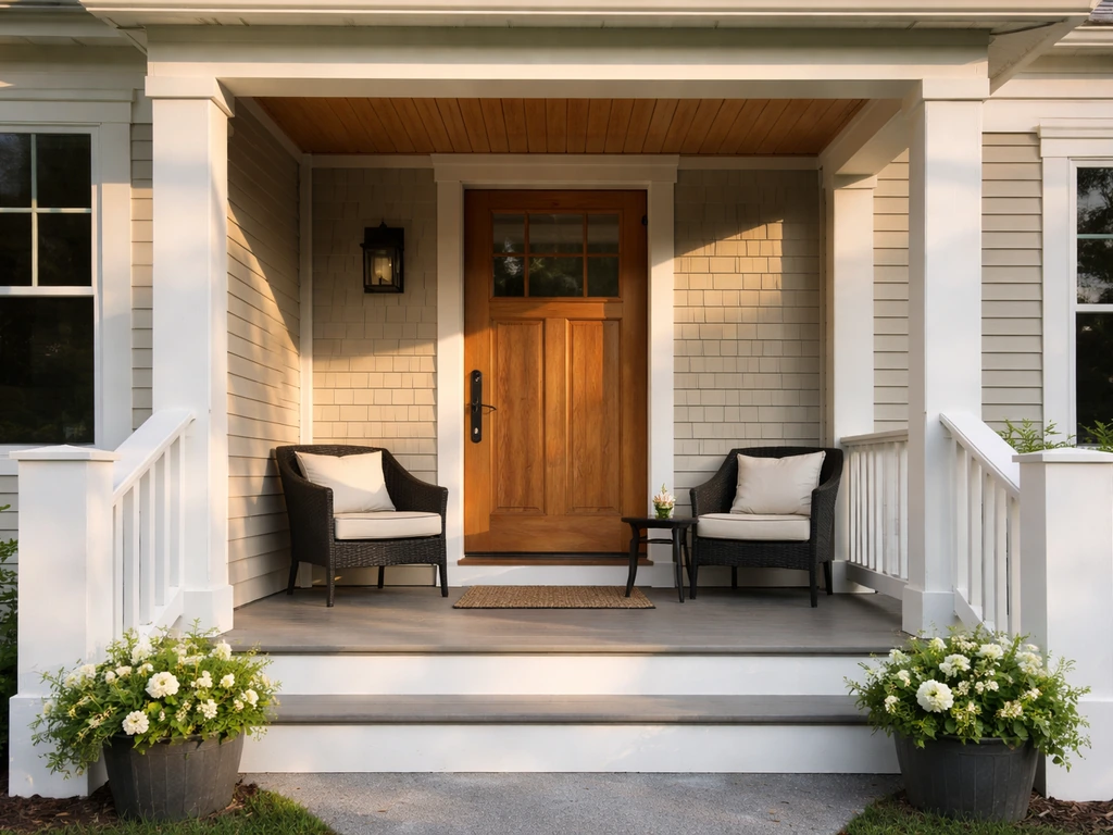 Welcoming covered front porch with seating near the doorway and roofline integrated with the home