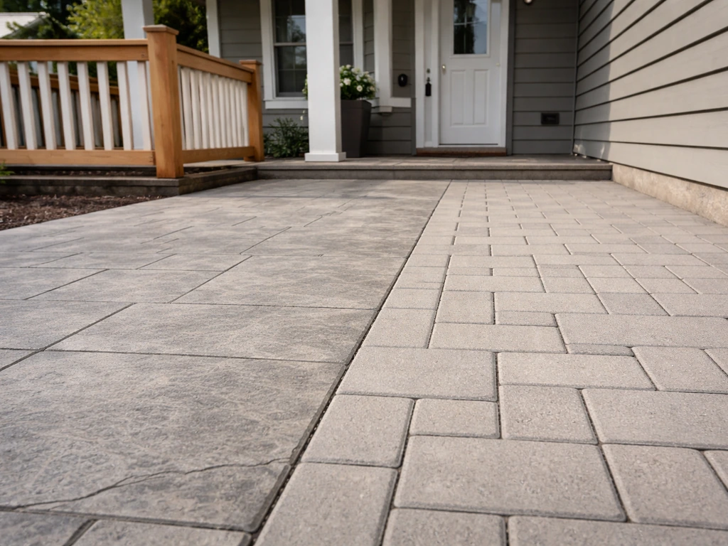 Side-by-side stamped concrete and paver patio finishes with matching porch railing and roof eave detail.