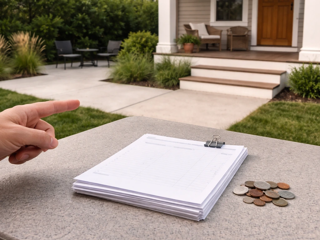 Minimal split patio and porch scene with subtle symbolic cues of costs and resale value