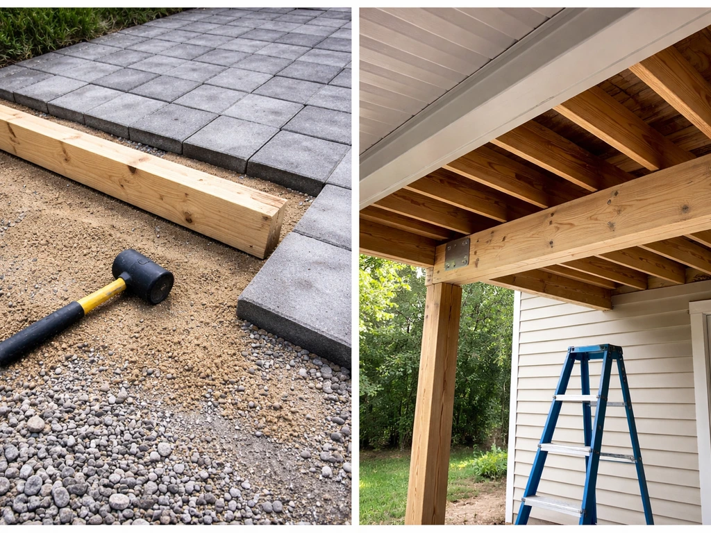 DIY paver patio base tools beside porch framing/roof attachment setup for contractor work.