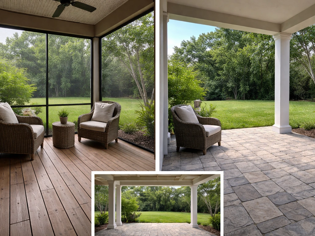 Split view of a screened lanai, an open patio, and a covered porch/veranda exterior.