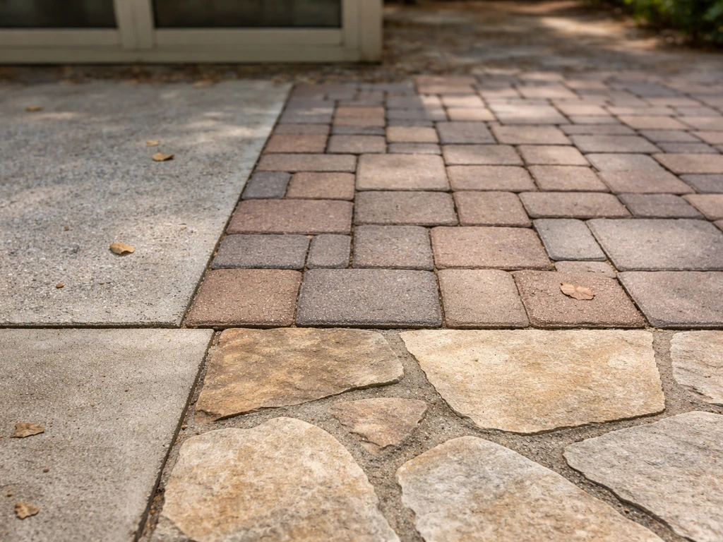 Close-up of patio materials—pavers, a concrete slab, and natural stone—set up for outdoor dining and grilling