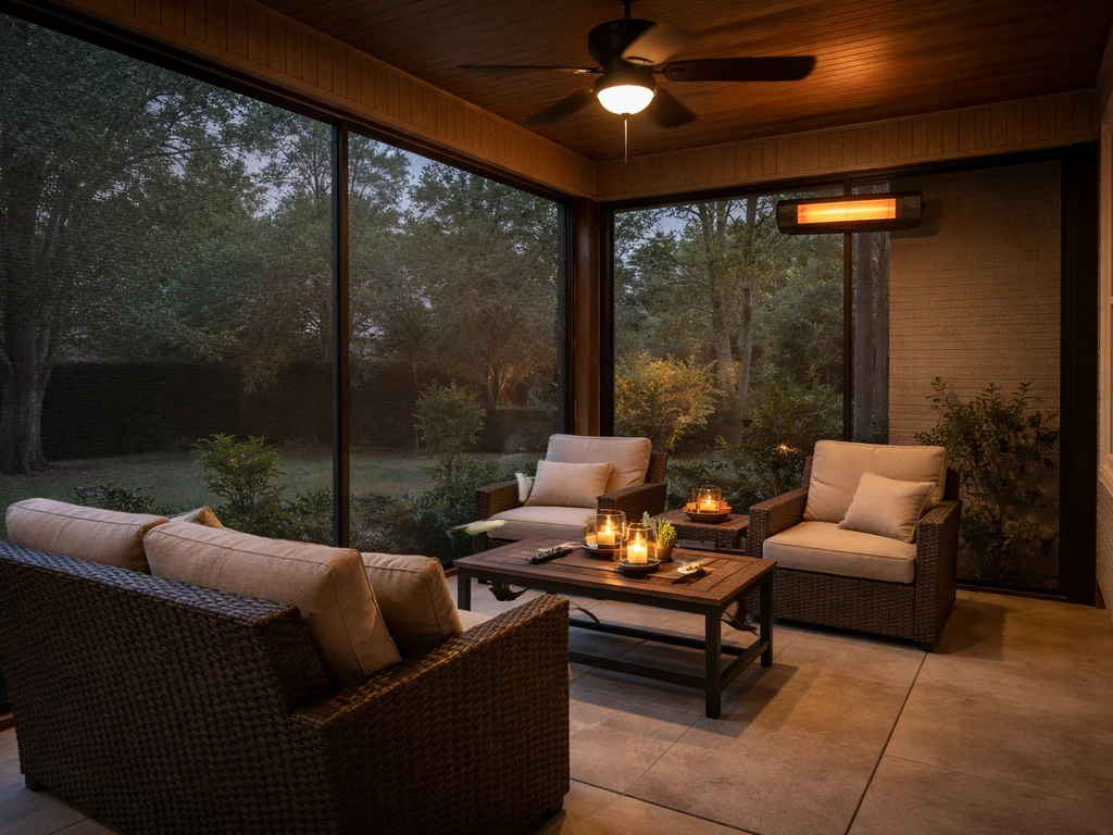 Covered screened patio with ceiling fan and subtle heater glow for comfortable year-round entertaining