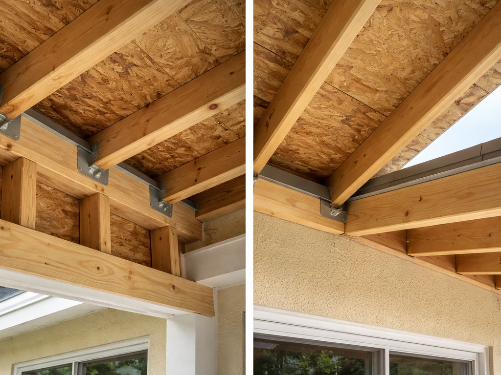 Close-up of two residential roof framing connections: tied-in roofline versus separate shed/gable roof section.