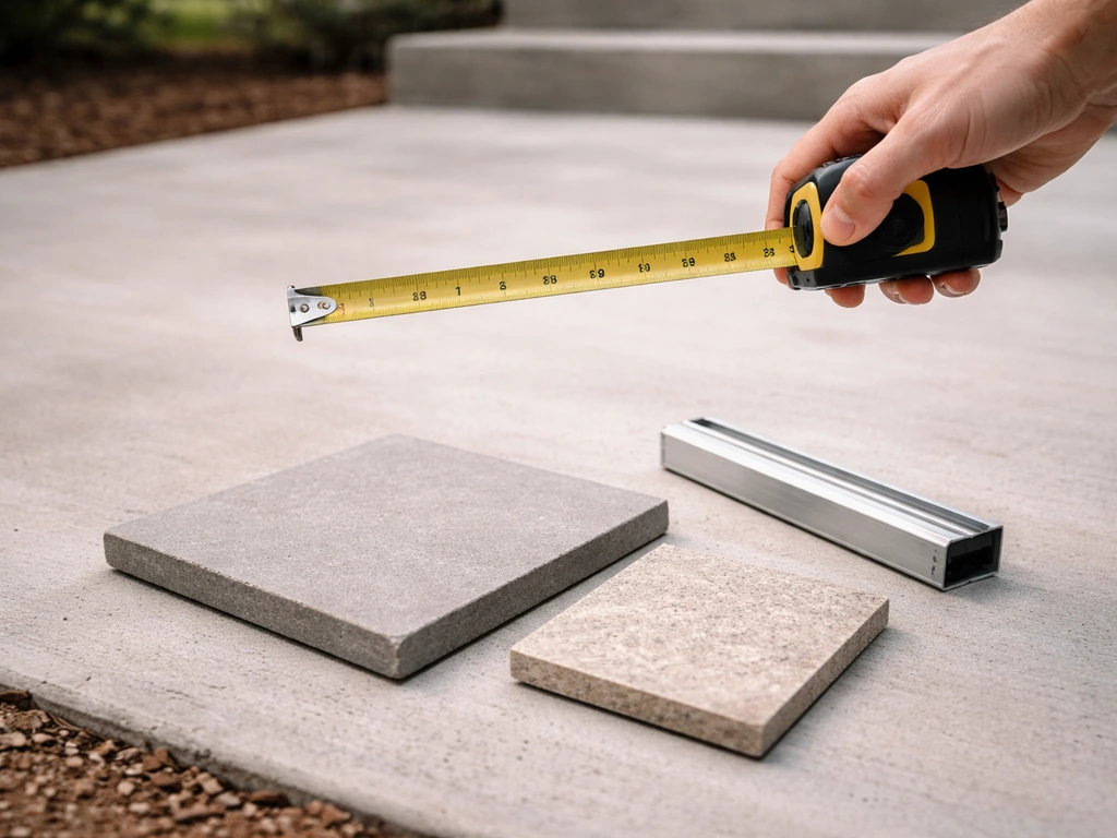 Minimal photo of a quiet home outdoor area with a hand holding a tape measure and sample materials