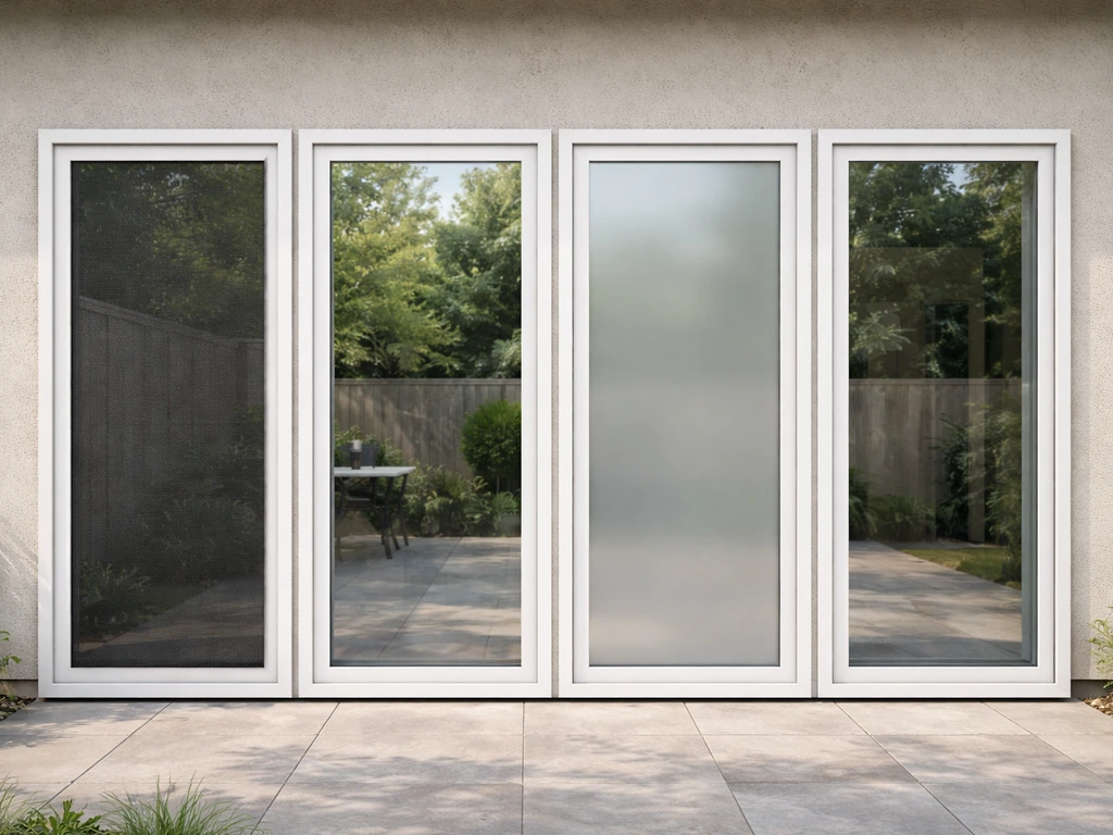 Four patio enclosure panels side-by-side: screen, clear panel, polycarbonate, and insulated glass.
