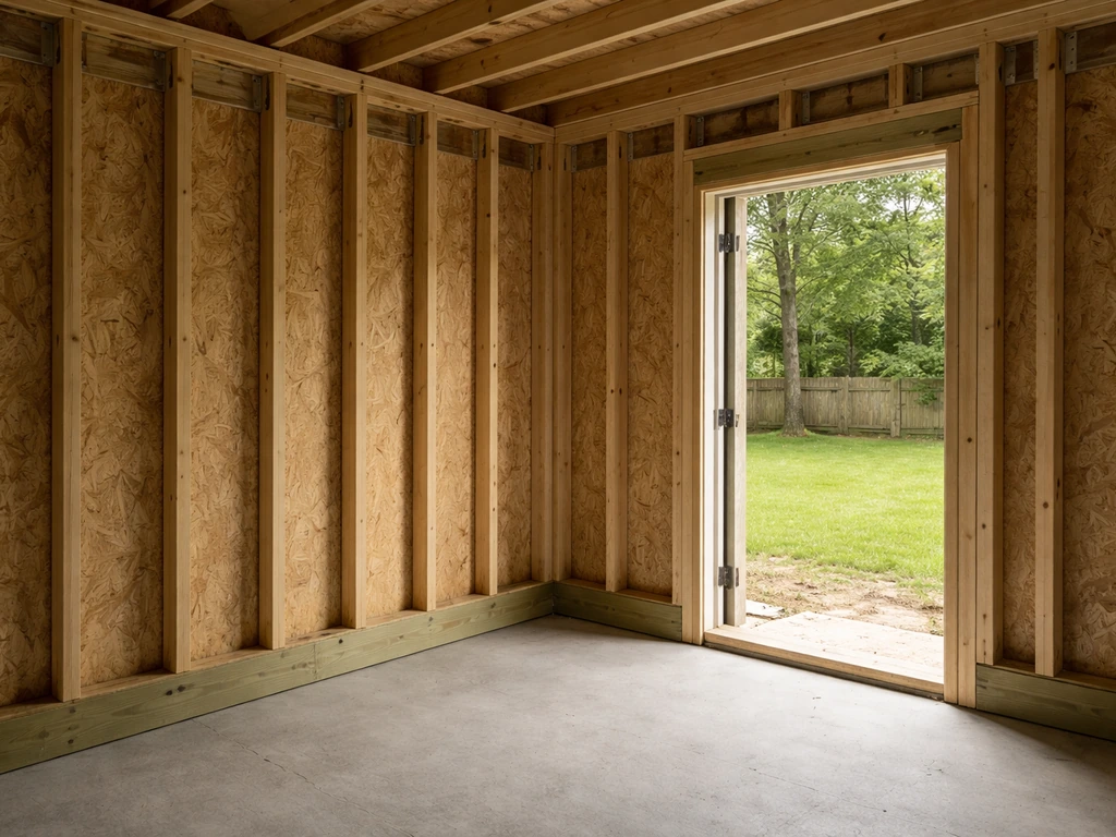 Exposed wall framing inside a patio enclosure with a doorway opening and threshold sill