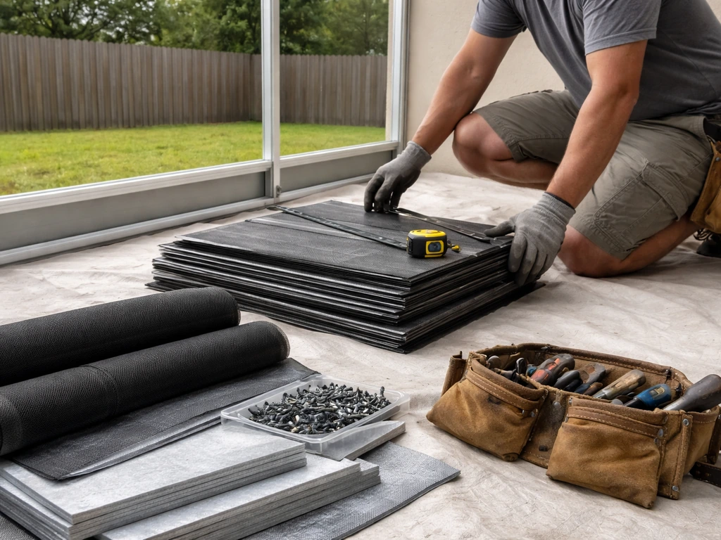 Contractor kneels by partially assembled screen enclosure panels on a patio with tools and insulation nearby.
