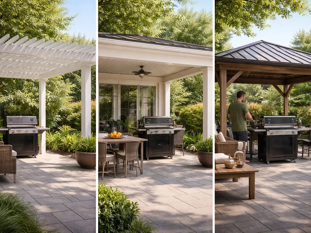 Three covered patio types—open pergola, solid cover, and metal roof—shown over grills in daylight.