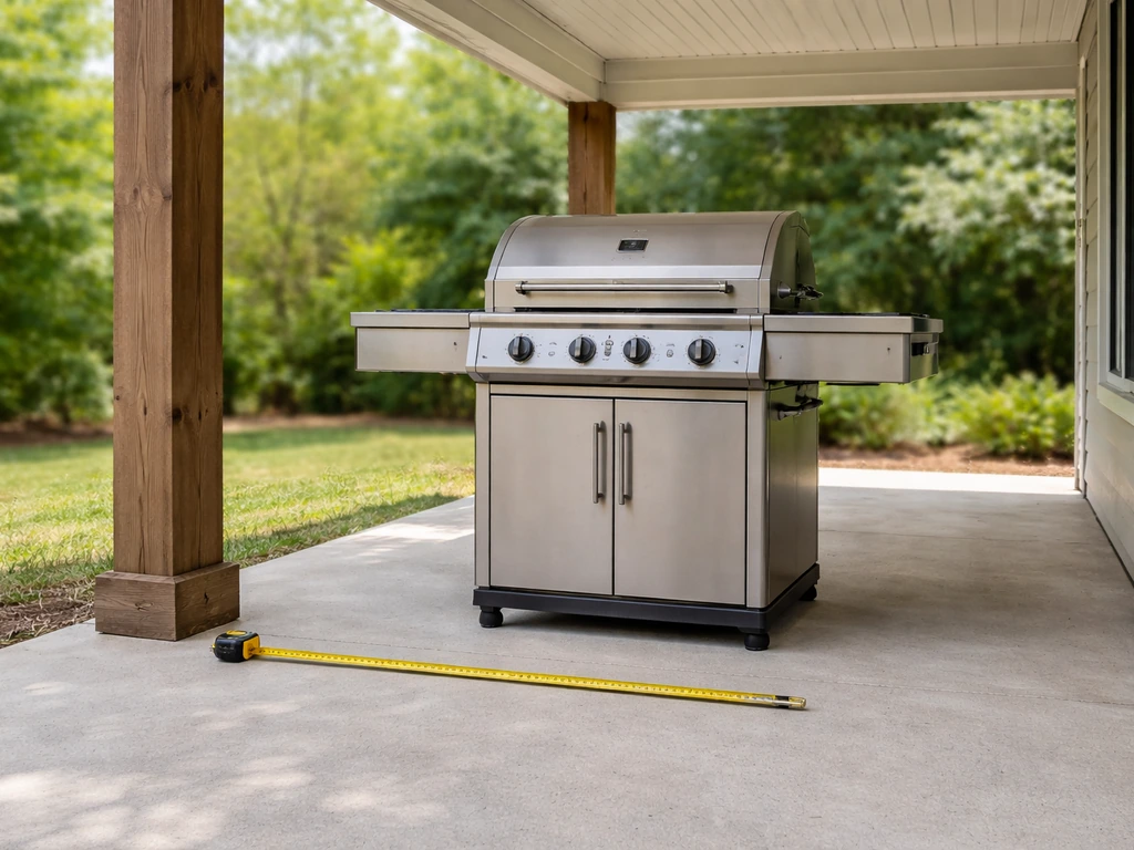 Outdoor gas grill under a covered patio with a tape measure showing safe clearance gaps.