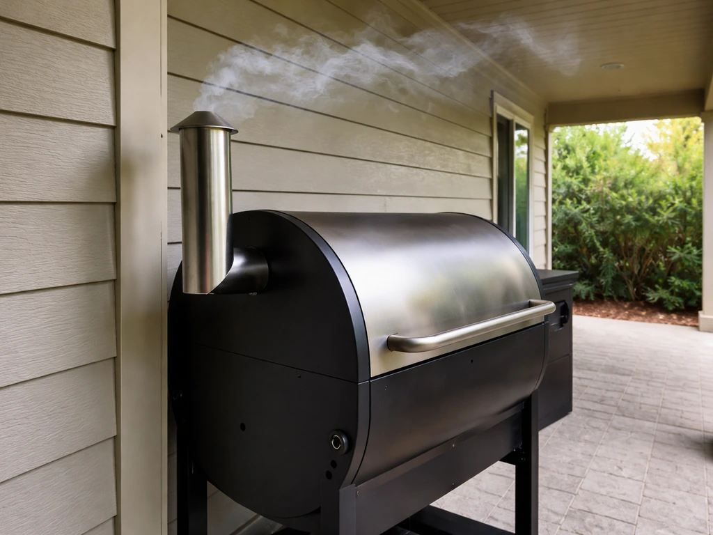 Pellet grill on a covered patio with exhaust stack and clear space showing smoke airflow direction.