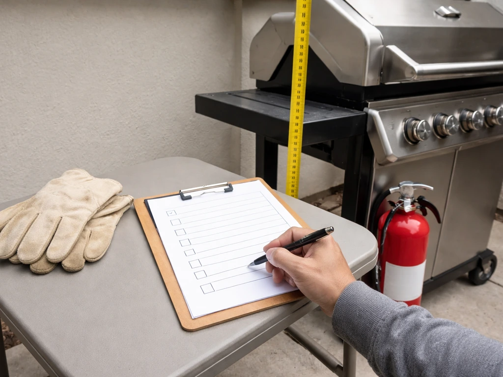 Outdoor patio scene with a safety checklist being filled beside a gas grill and a measuring tape